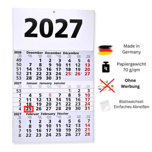 Monats wandkalender 2027 - 3-monats-wandkalender,
